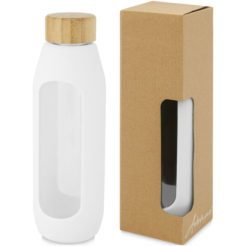 Tidan fles van 600 ml in borosilicaatglas met siliconen grip - bedrukt of onbedrukt verkrijgbaar - Wit