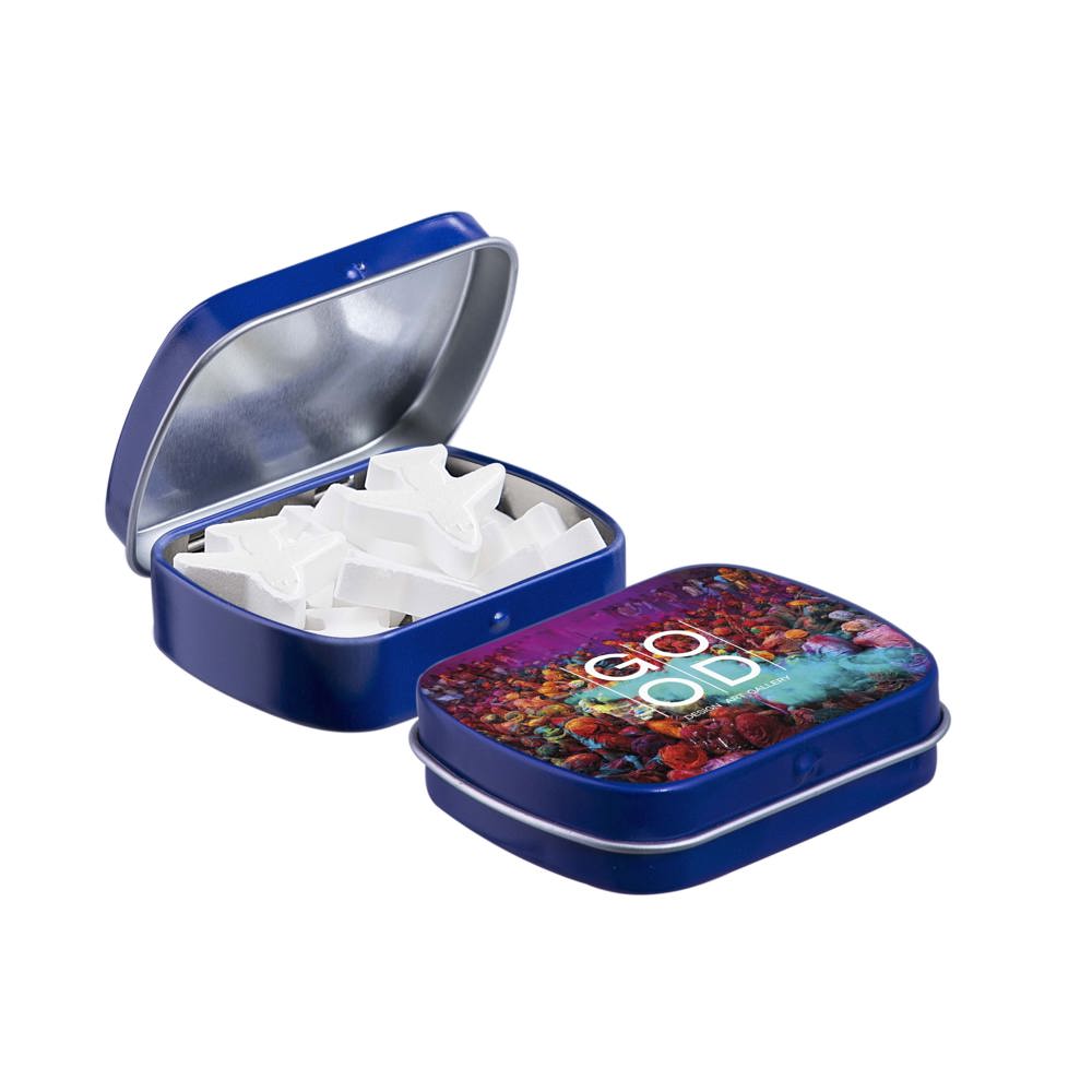 Mini scharnierblikje met vorm pepermunt - voor bedrijven en relatiegeschenken - blauw