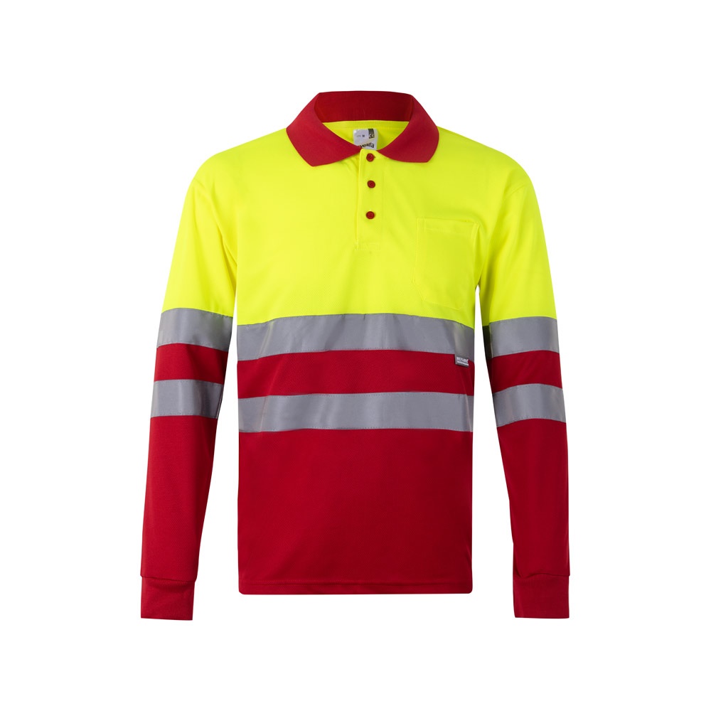 VL VULCAN. Tweekleurige vogelkleurige polo (160g/m²) met lange mouwen, van polyester (100%) - bedrukt of - Rood, Geel