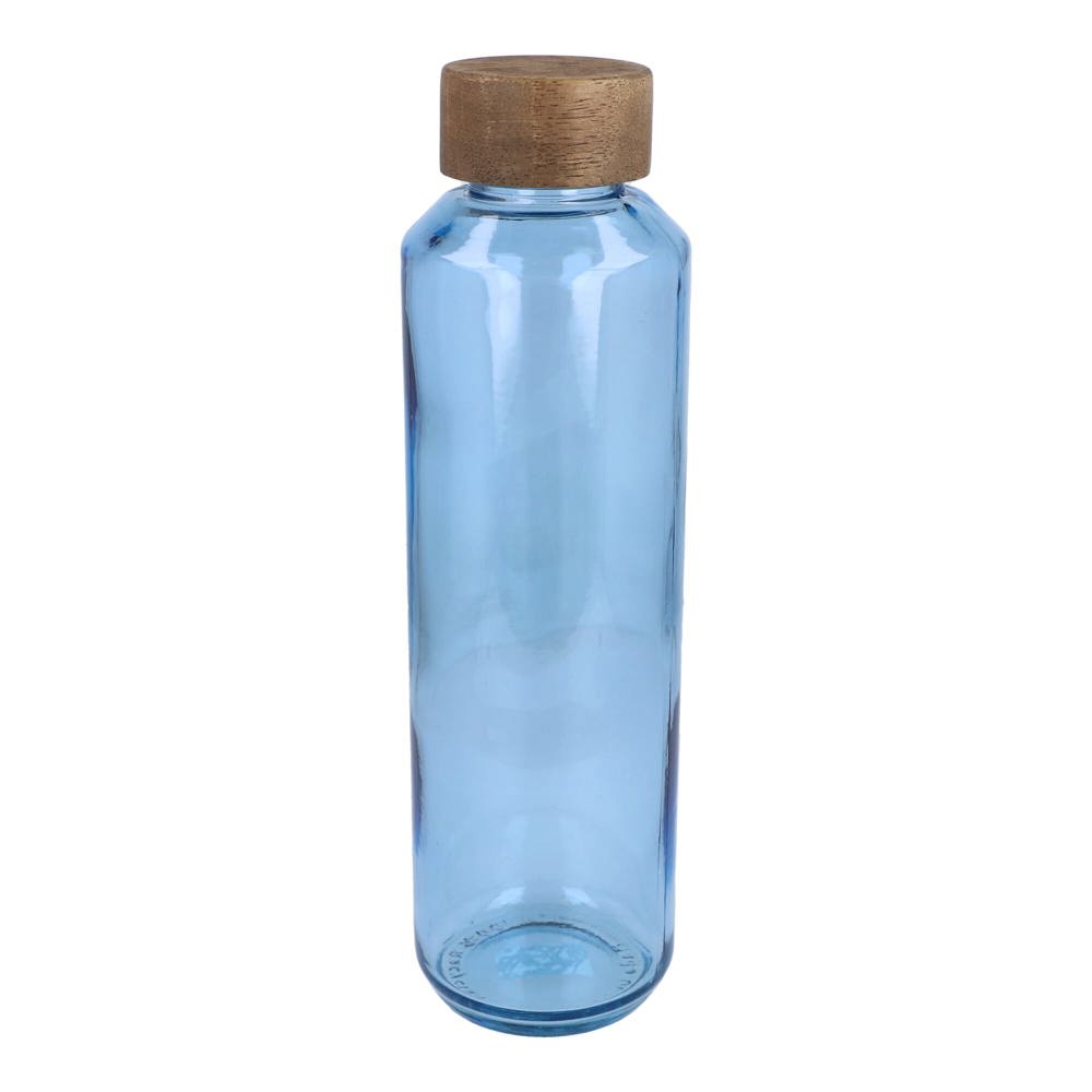 InSideOut Gerecyclede glazen Waterfles ReuuZ met houten dop 650 ml - voor bedrijven en relatiegeschenken - Transparant / Lichtblauw
