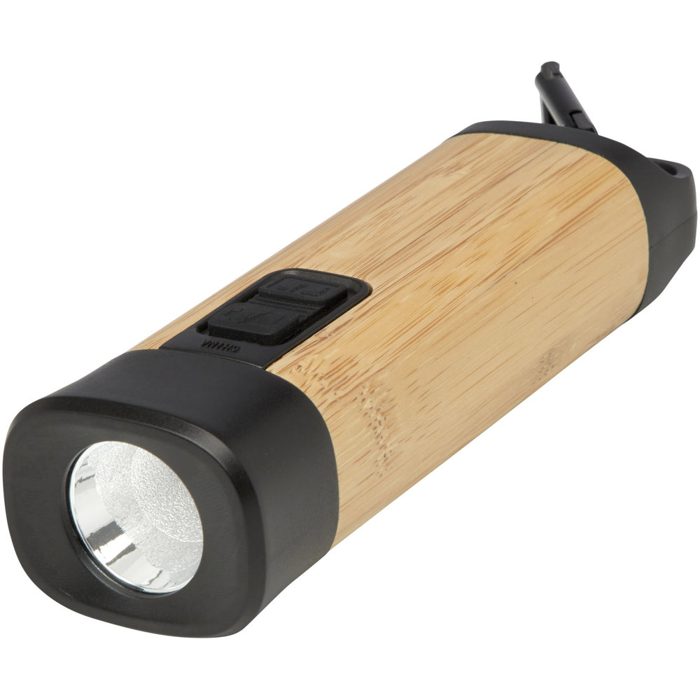 Kuma zaklamp van bamboe/RCS gerecycled plastic met karabijnhaak - voor bedrijven en relatiegeschenken