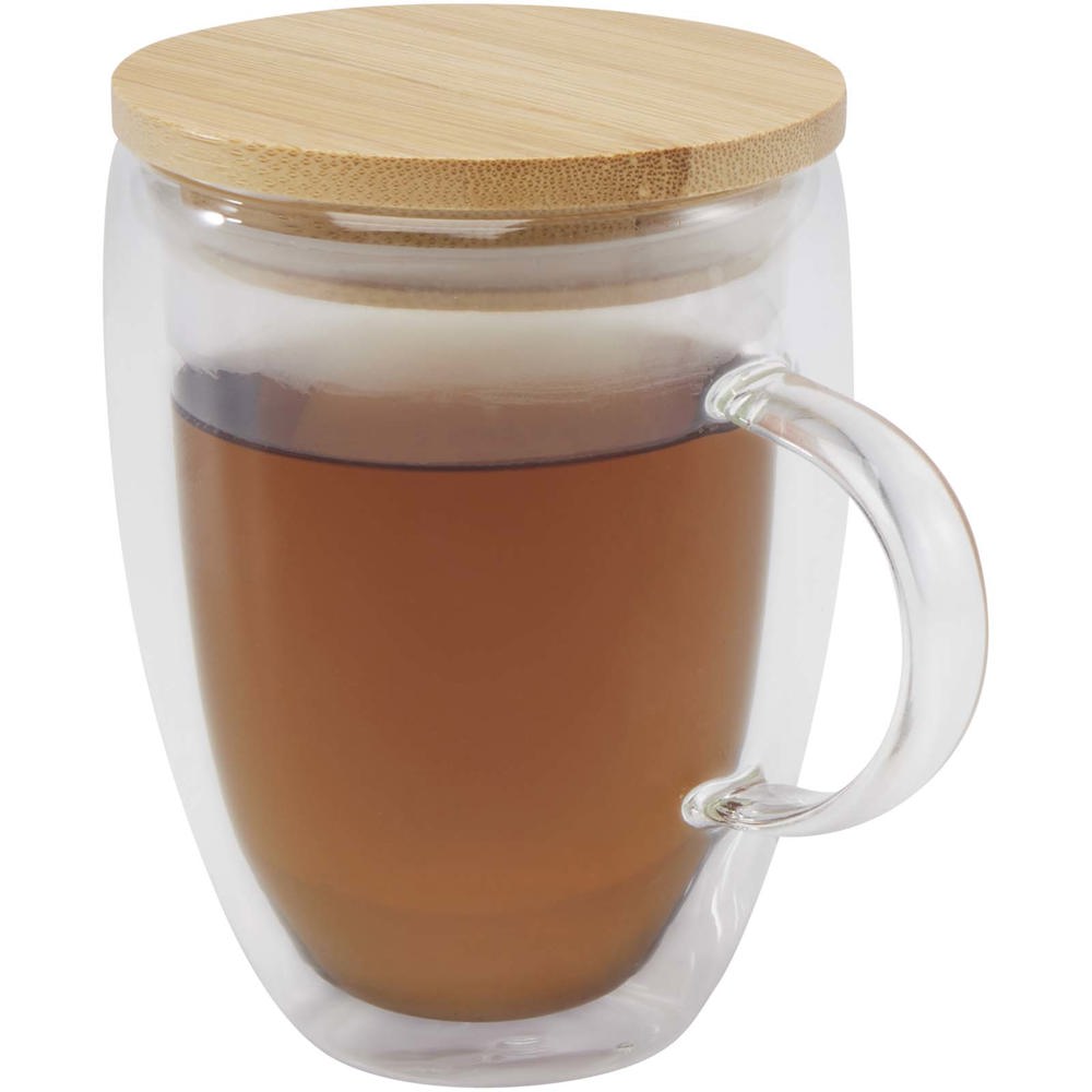 Leona 350 ml glazen beker met bamboe deksel - met logo of onbedrukt bestellen
