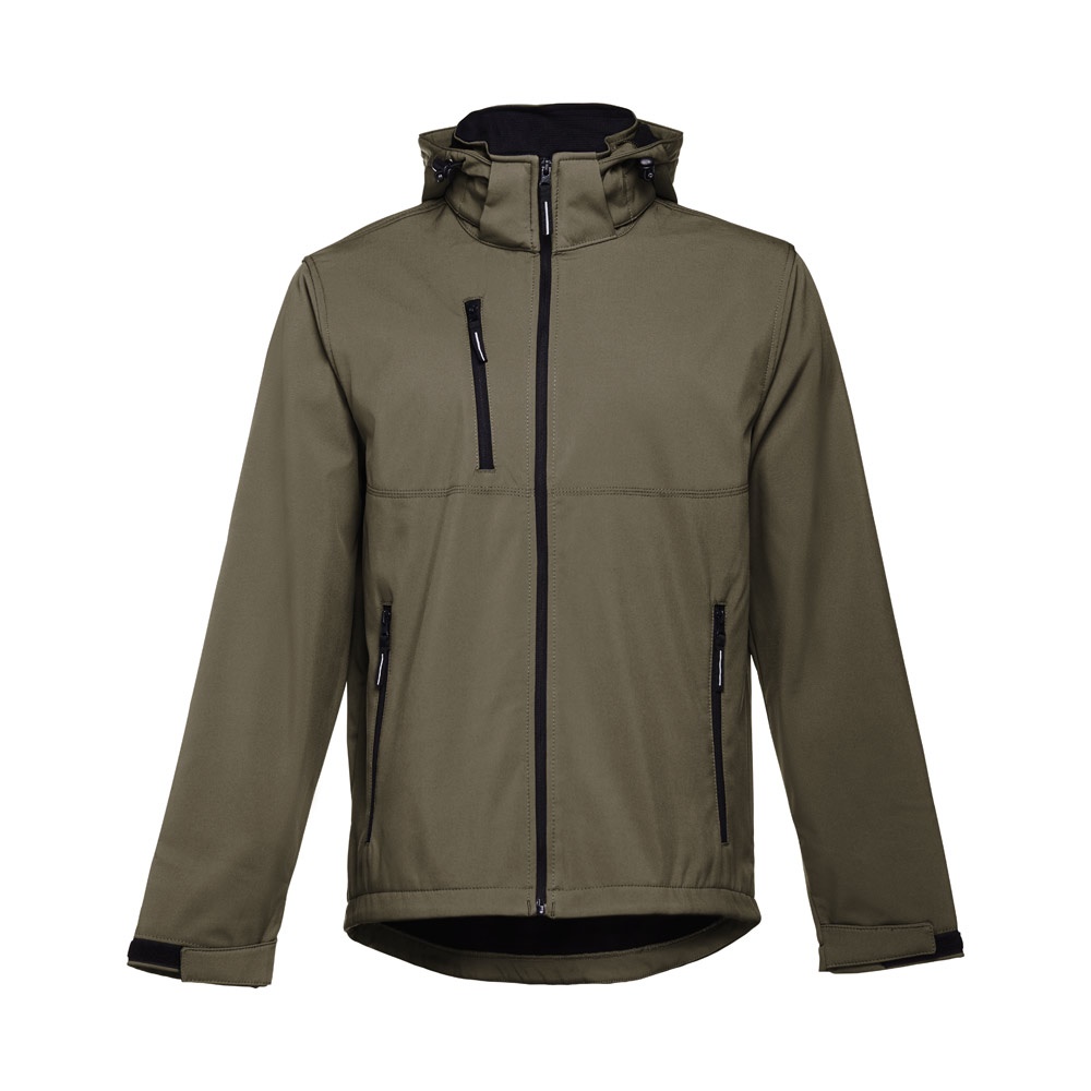 THC ZAGREB. Softshell herenjack van polyester en elastaan - bedrukt of onbedrukt verkrijgbaar - Olijfgroen