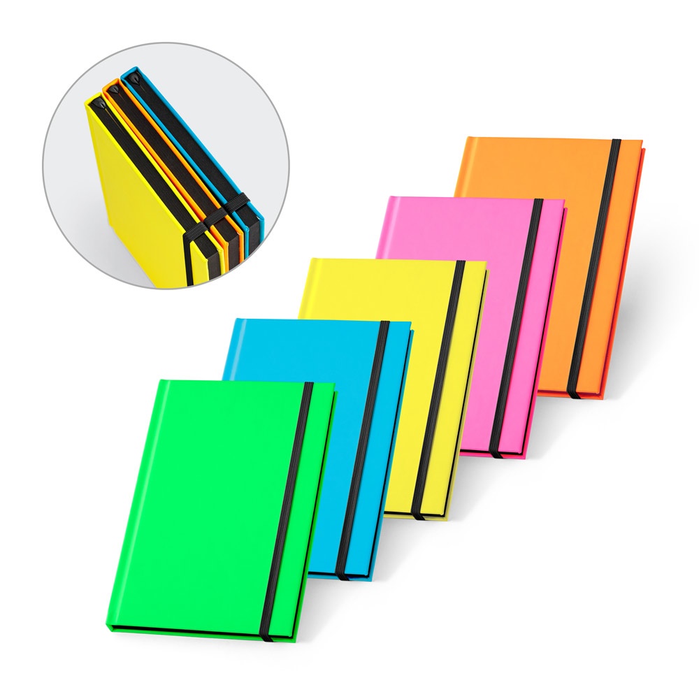 WATTERS. A5 notitieblok in fluorescerend PU met gelinieerde pagina's - kopen of bedrukken