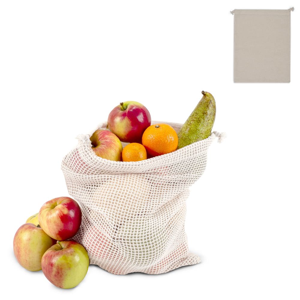 Herbruikbaar groente & fruit zakje OEKO-TEX® katoen ecru 25x30cm - met logo of onbedrukt bestellen