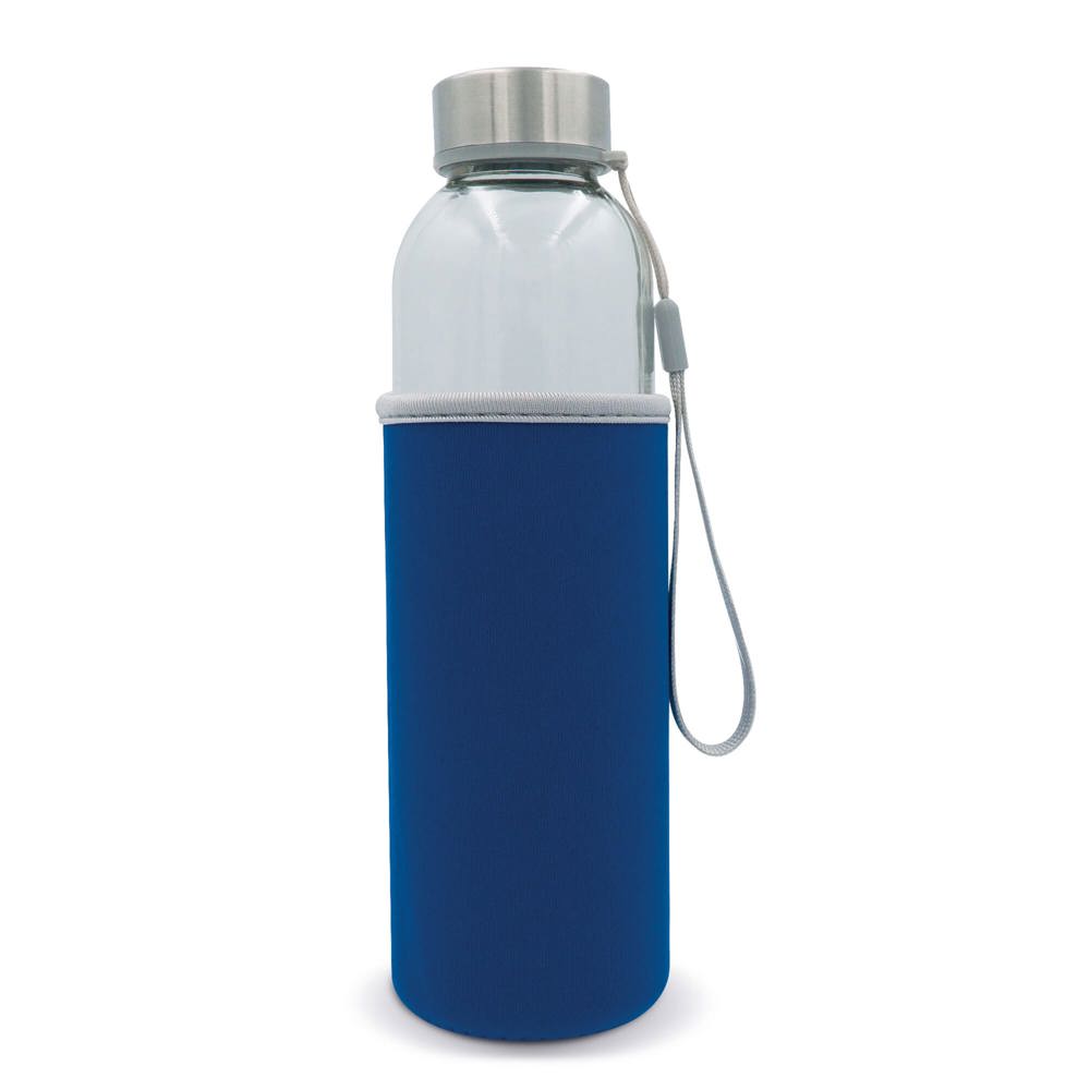 Waterfles glas met sleeve 500ml - bedrukt of onbedrukt verkrijgbaar - Transparant / Lichtblauw