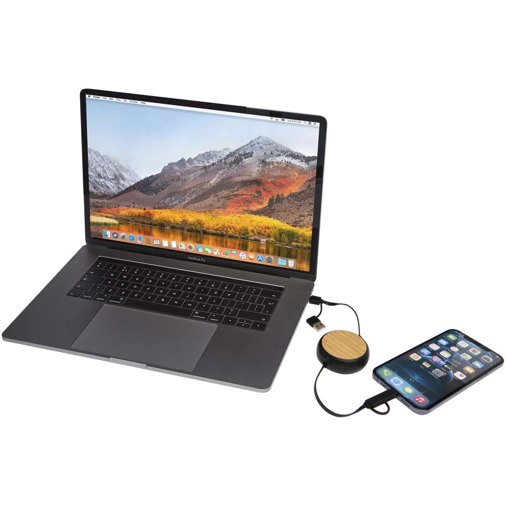 Chechia 5-in-1 100 cm intrekbare datasynchronisatie- en 45 W snellaadkabel van gerecycled plastic met bamboe details