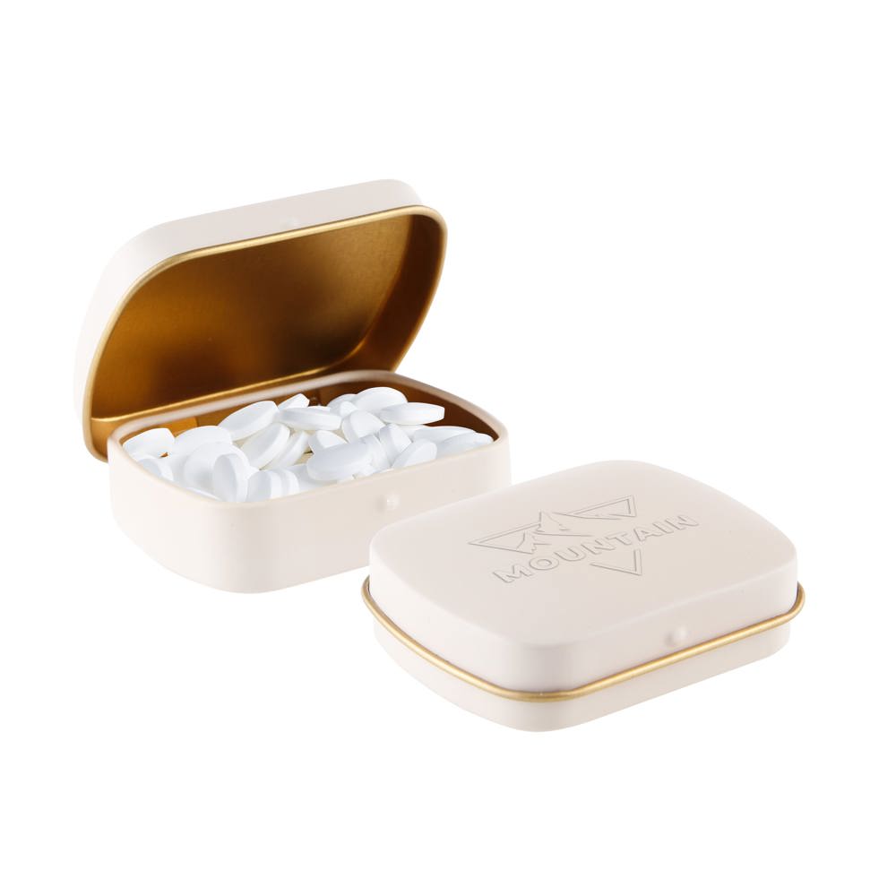 Mini scharnierblikje embossing - bedrukt of onbedrukt verkrijgbaar - Mat Zand/Goud