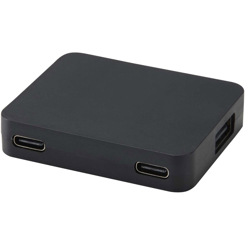 Gaia 4 poorts USB hub met uitgangen voor USB-A en Type-C en dubbele ingang van gerecycled plastic - bedrukt of