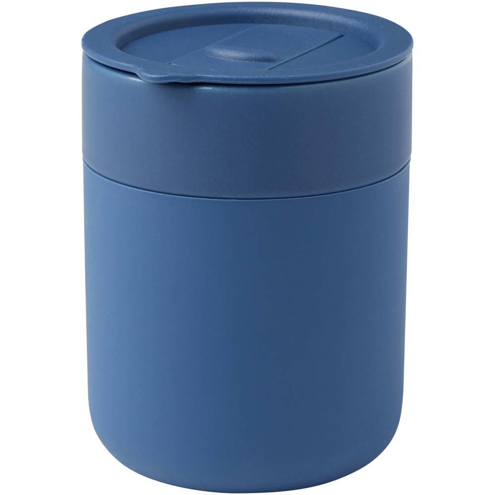 Java 330 ml beker van keramiek met siliconen wikkel en plastic deksel - met logo of onbedrukt bestellen - Blauw