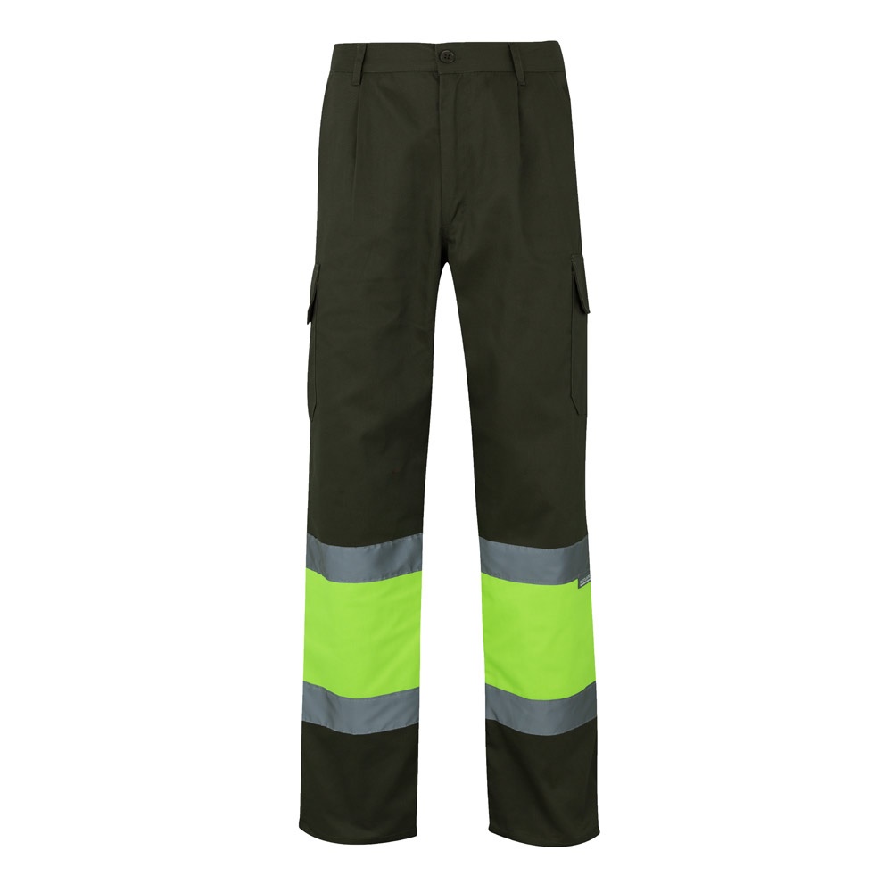 VL POSEIDON. Tweekleurige keperbroek met meerdere zakken (210g/m²), van katoen (20%) en polyester (80%) - voor - Olijfgroen, Geel
