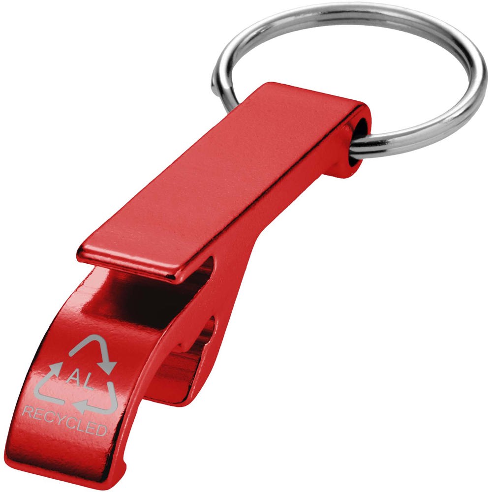 Tao fles- en blikopener van RCS gerecycled aluminium met sleutelhanger - met logo of onbedrukt bestellen - rood