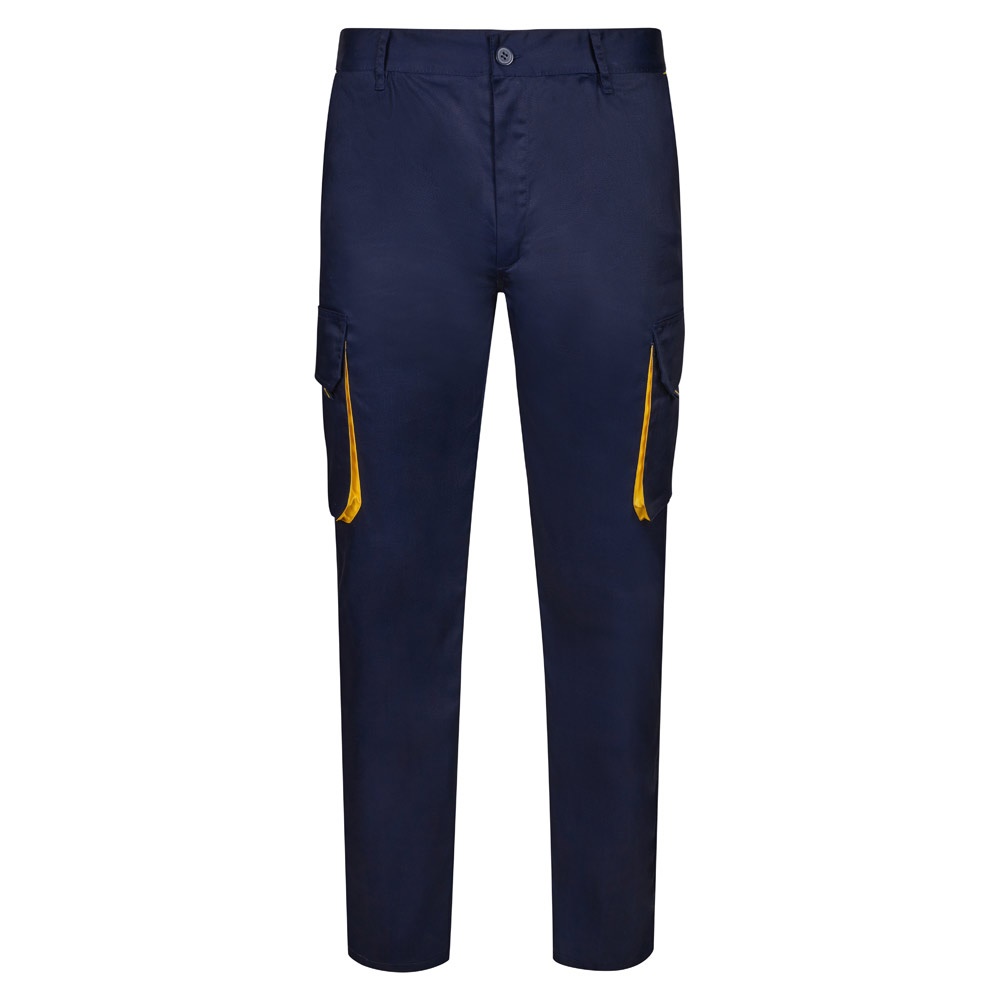 VL HYPNOS. Tweekleurige keperstof broek met meerdere zakken (200g/m²), van katoen (35%) en polyester (65%) - Marineblauw, Geel