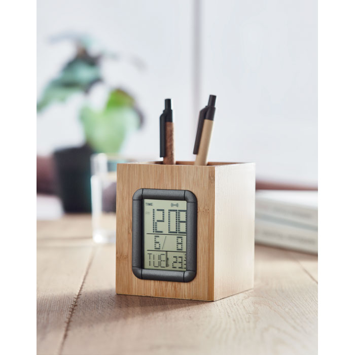 MANILA - Bamboe pennenbak met LCD klok - voor bedrijven en relatiegeschenken