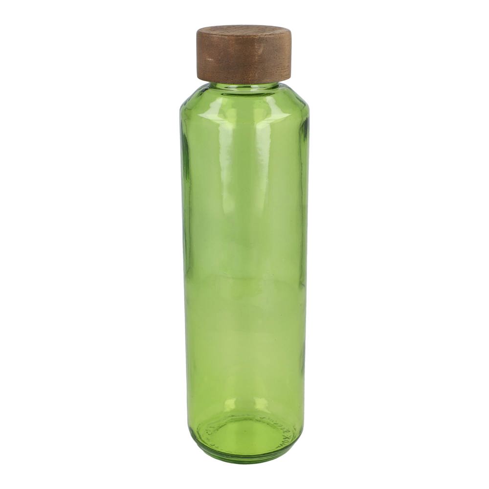 InSideOut Gerecyclede glazen Waterfles ReuuZ met houten dop 650 ml - voor bedrijven en relatiegeschenken - Transparant / Lichtgroen