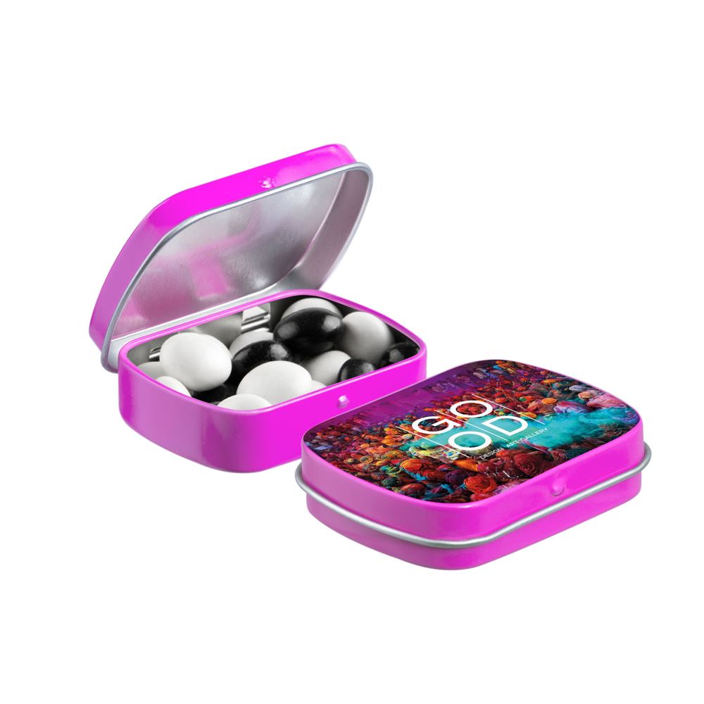 Mini scharnierblikje met snoep - kopen of bedrukken - fuchsia