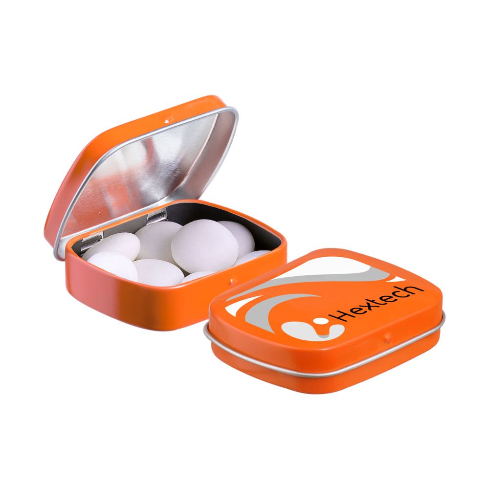 Mini scharnierblikje met Mentos mints - voor bedrijven en relatiegeschenken - Oranje