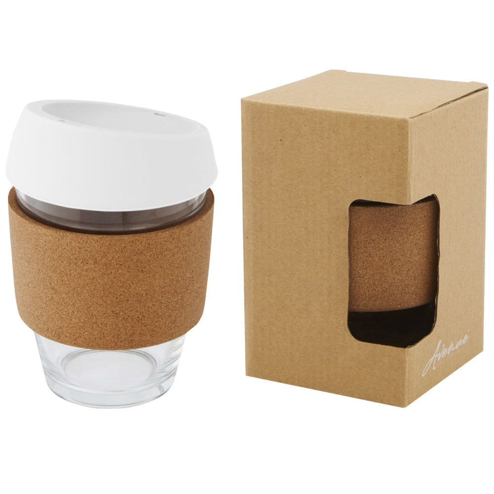 Lidan borosilicaat glazen beker van 360 ml met kurken grip en siliconen deksel - voor bedrijven en - Wit