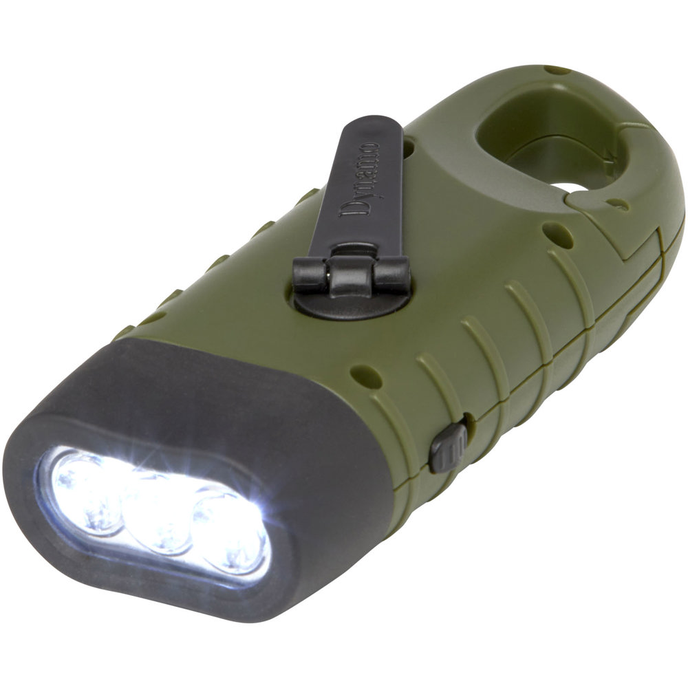 Helios zaklamp met zonnedynamo van gerecycled plastic met karabijnhaak - met logo of onbedrukt bestellen