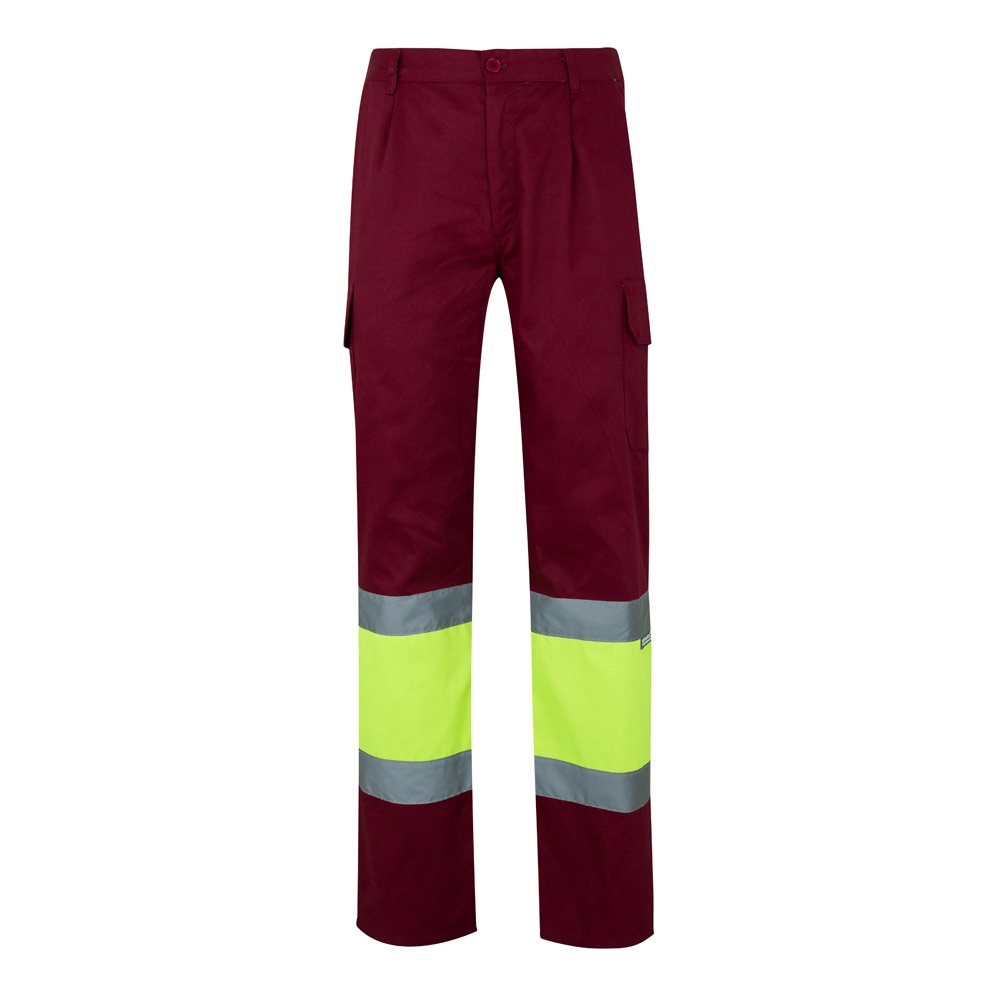 VL POSEIDON LARGE. Tweekleurige keperstof broek met meerdere zakken (210g/m²), van katoen (20%) en polyester - Bordeaux rood, Geel