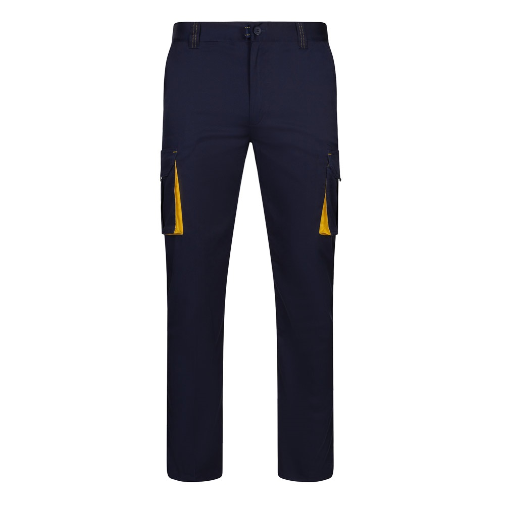 VL FIDES. Tweekleurige stretchbroek met meerdere zakken (240g/m²) van katoen (46%), EME (38%) en polyester - Marineblauw, Geel