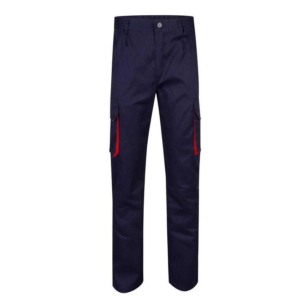 VL HYPNOS. Tweekleurige keperstof broek met meerdere zakken (200g/m²), van katoen (35%) en polyester (65%) - Marineblauw, Rood