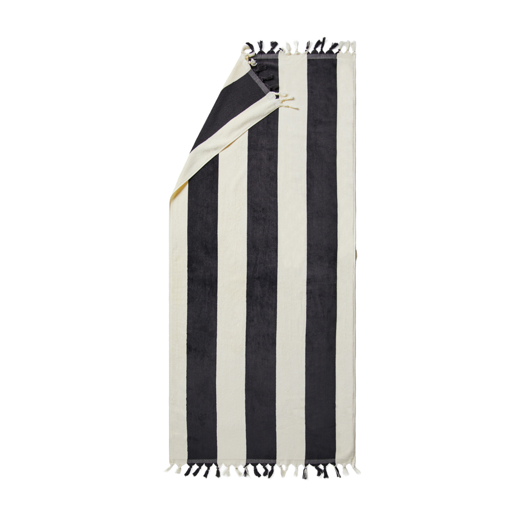 VINGA Valmer strand handdoek - met logo of onbedrukt bestellen - zwart, beige (± PMS Black/ ± PMS 11-0606 TCX)