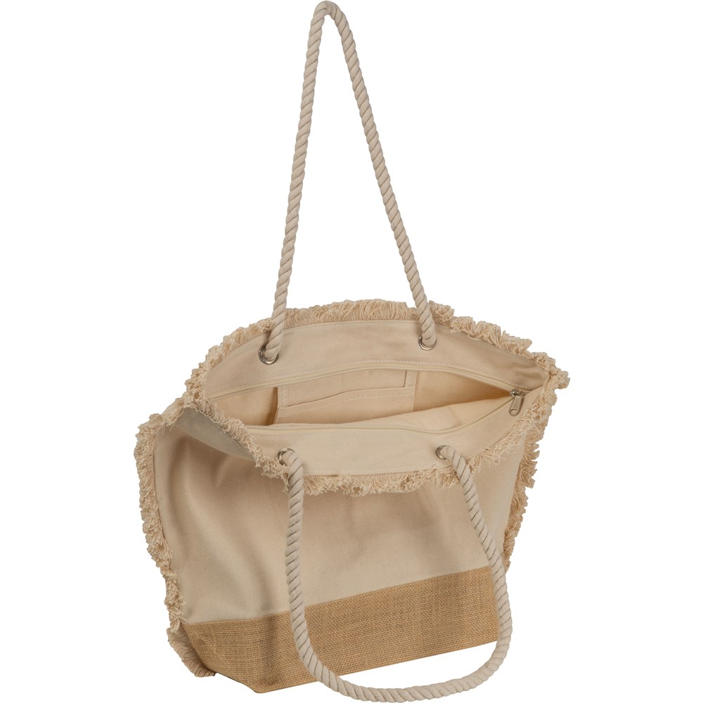 Strandtas OEKO-TEX met een jute bodem en draagkoord