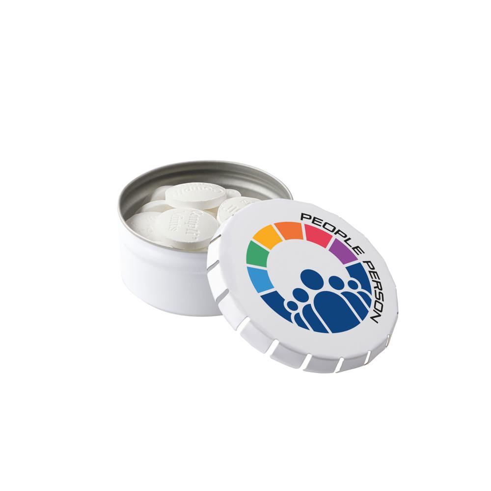 Hoog mini clic-clac blikje met vorm pepermunt - met logo of onbedrukt bestellen