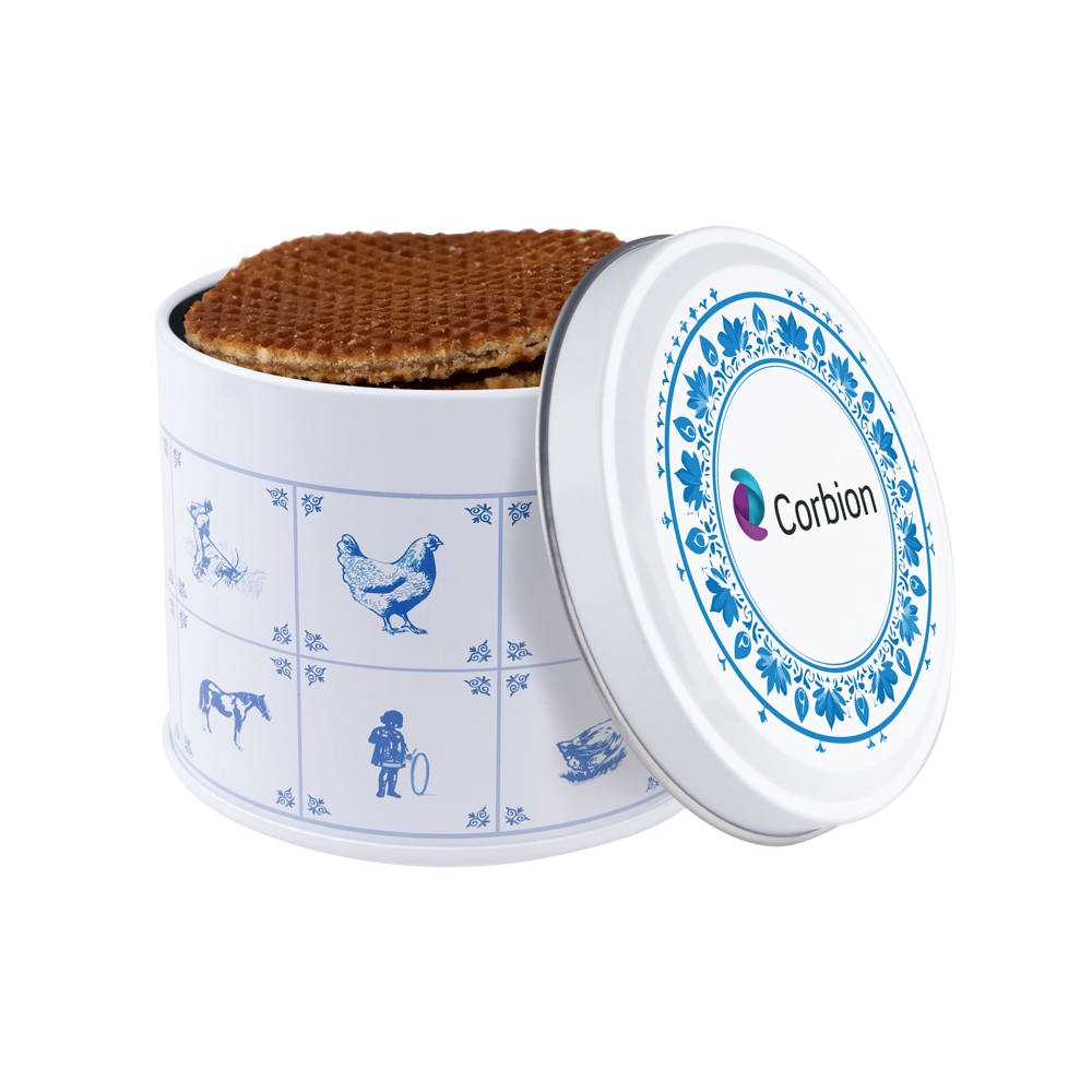 Delftsblauw blik met stroopwafels - bedrukt of onbedrukt verkrijgbaar