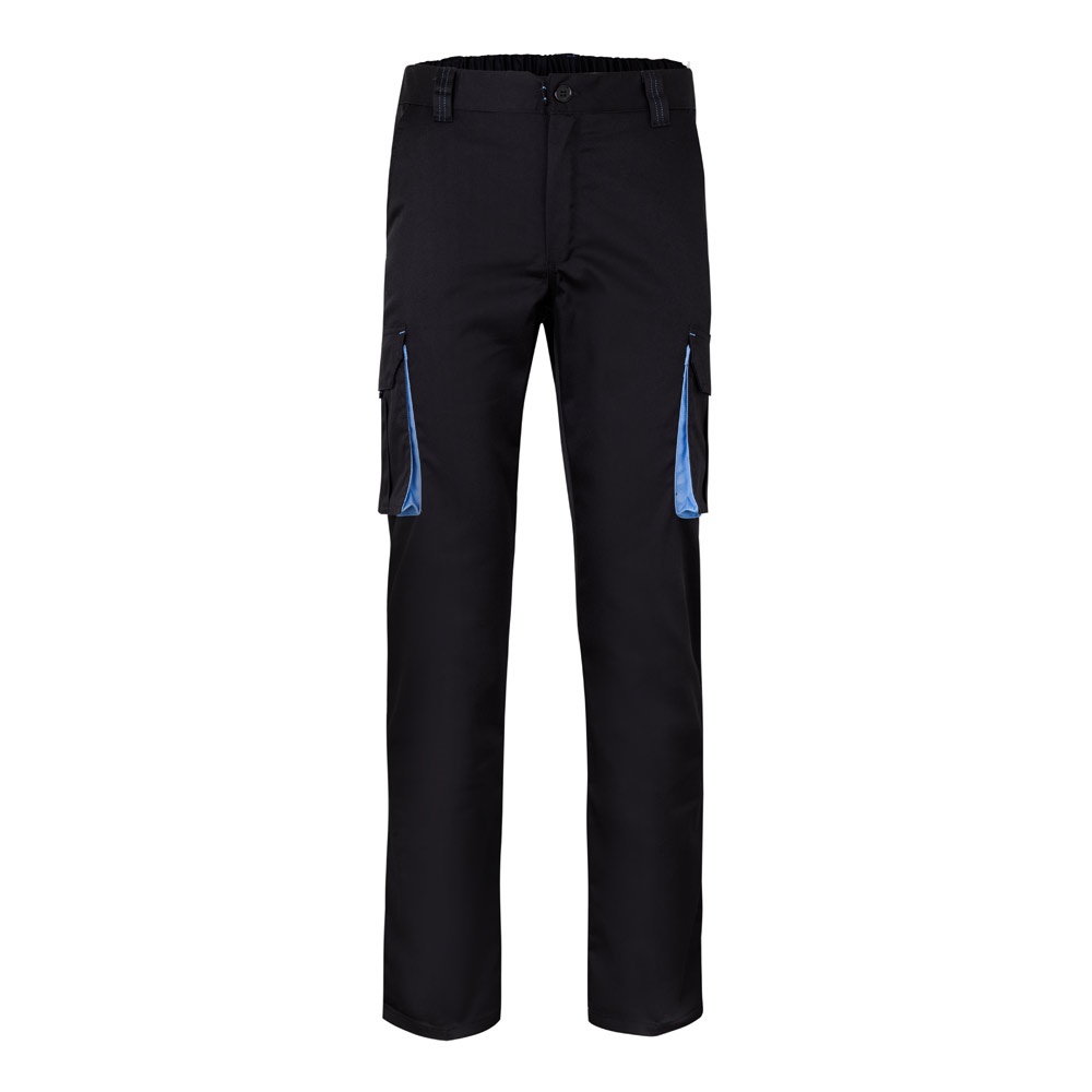 VL FIDES. Tweekleurige stretchbroek met meerdere zakken (240g/m²) van katoen (46%), EME (38%) en polyester - Zwart, Licht blauw