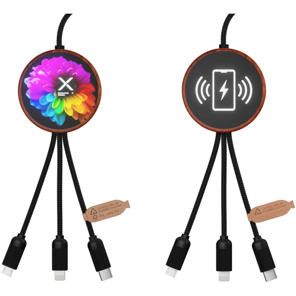 SCX.design C40 5-in-1 oplaadkabel van RPET met oplichtend logo en 10 W oplaadstation - bedrukt of onbedrukt