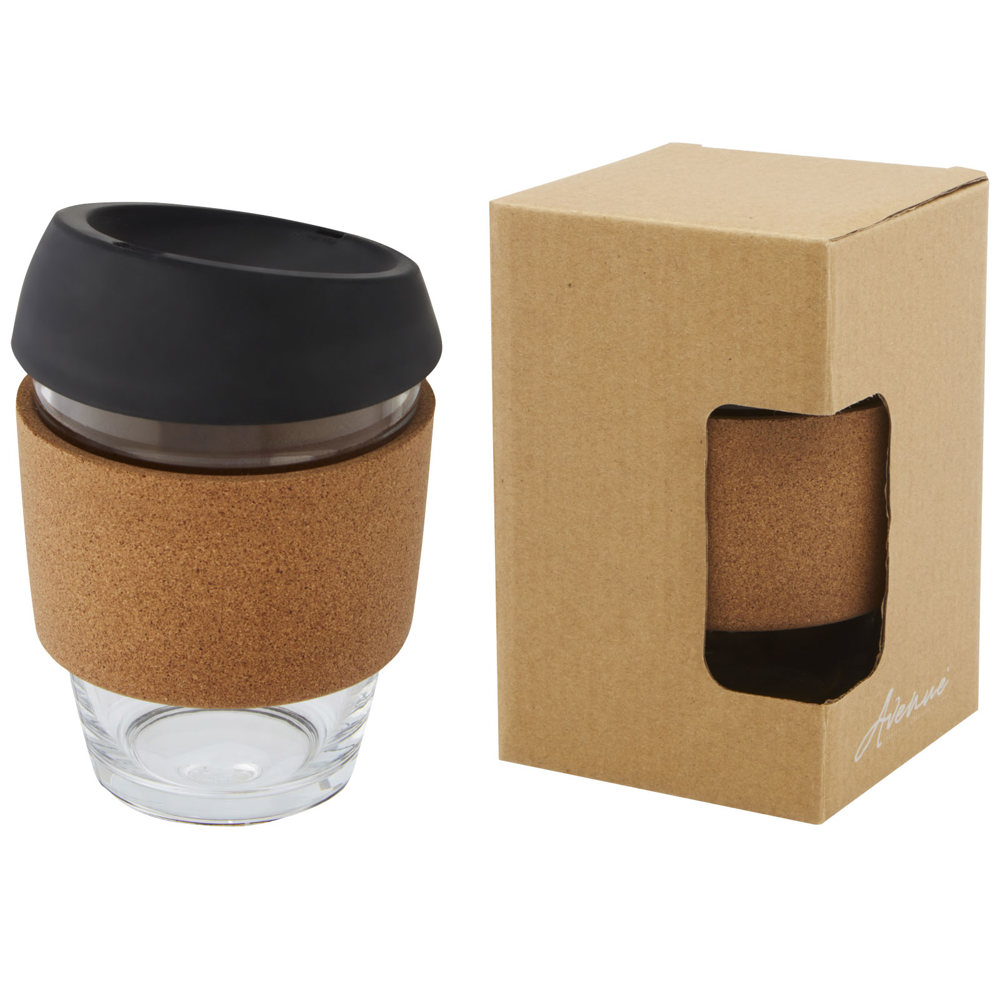 Lidan borosilicaat glazen beker van 360 ml met kurken grip en siliconen deksel - voor bedrijven en