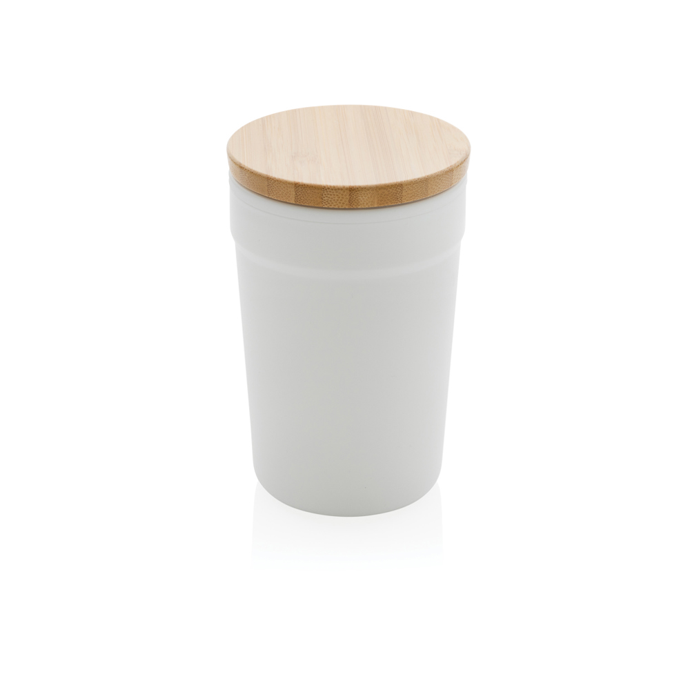 GRS gecertificeerd gerecycled PP mok met bamboe deksel - met logo of onbedrukt bestellen - wit (± PMS White)