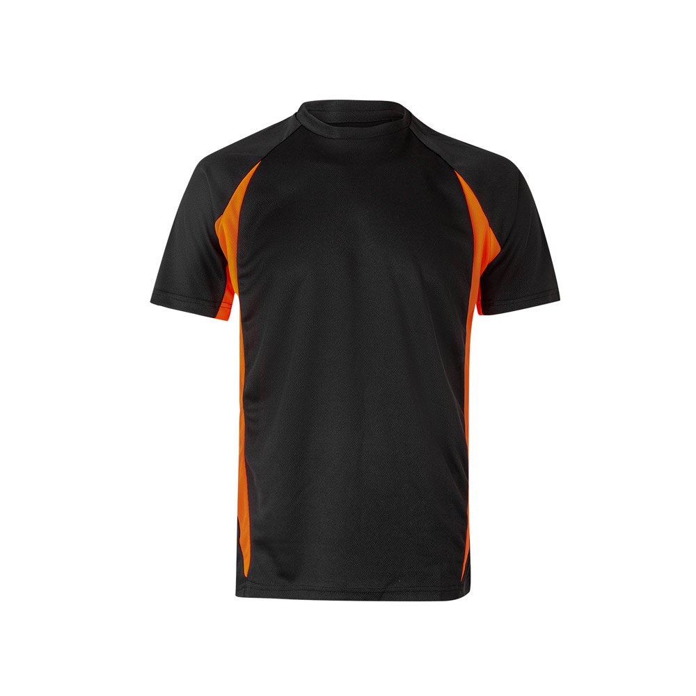 VL SLAYER. Tweekleurig technisch T-shirt met vogeloogjes (160g/m²) van polyester (100%) - bedrukt of onbedrukt - Zwart, Oranje