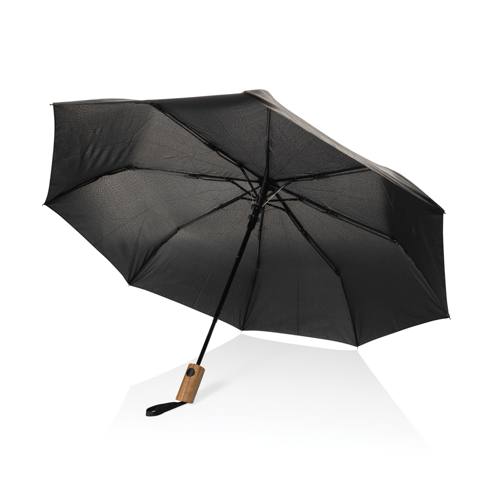 Kaycey 21" AWARE™ RPET Acaciahouten mini auto open paraplu - bedrukt of onbedrukt verkrijgbaar - zwart (± PMS Black)