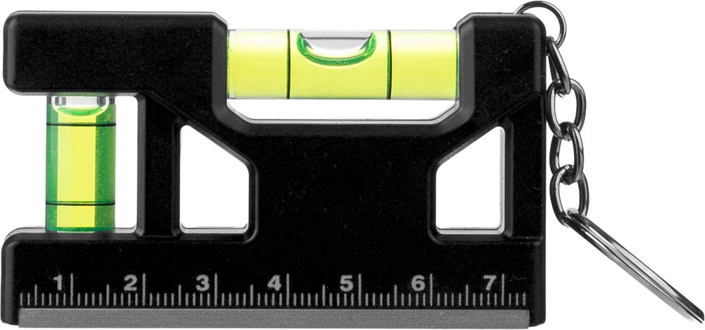 Gerecycled ABS sleutelhanger met waterpas Indira - voor bedrijven en relatiegeschenken - zwart