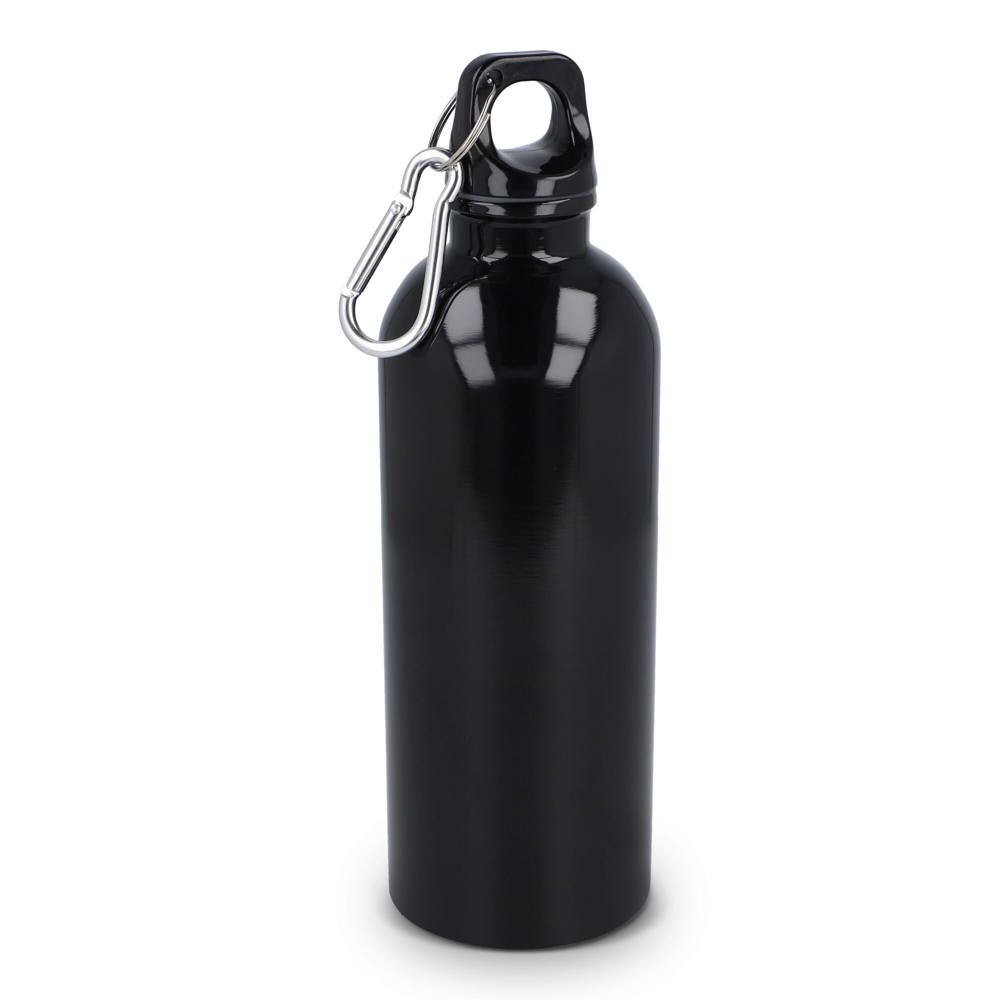 Gerecycled RVS Enkelwandige fles met Karabijnhaak 500ml - bedrukt of onbedrukt verkrijgbaar - zwart