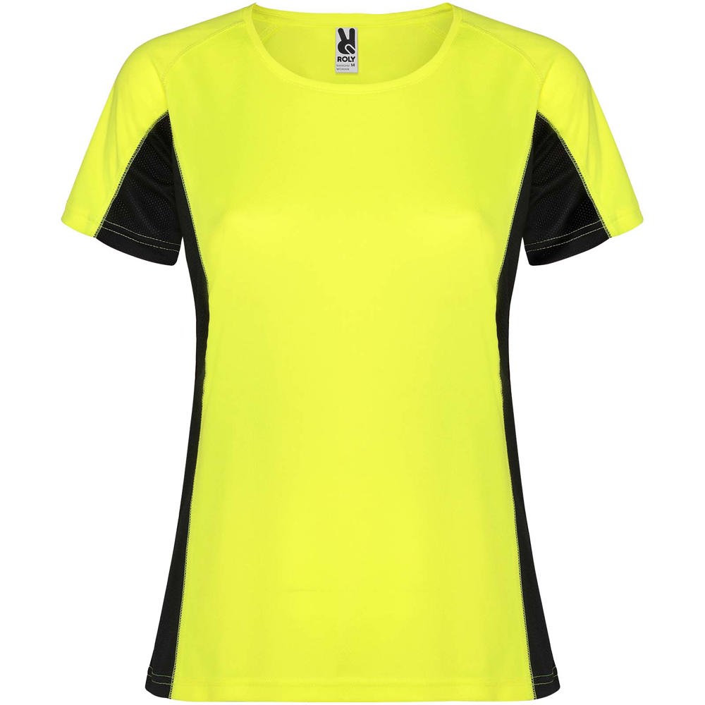 Shanghai sportshirt met korte mouwen voor dames - voor bedrijven en relatiegeschenken - Fluorgeel, Zwart