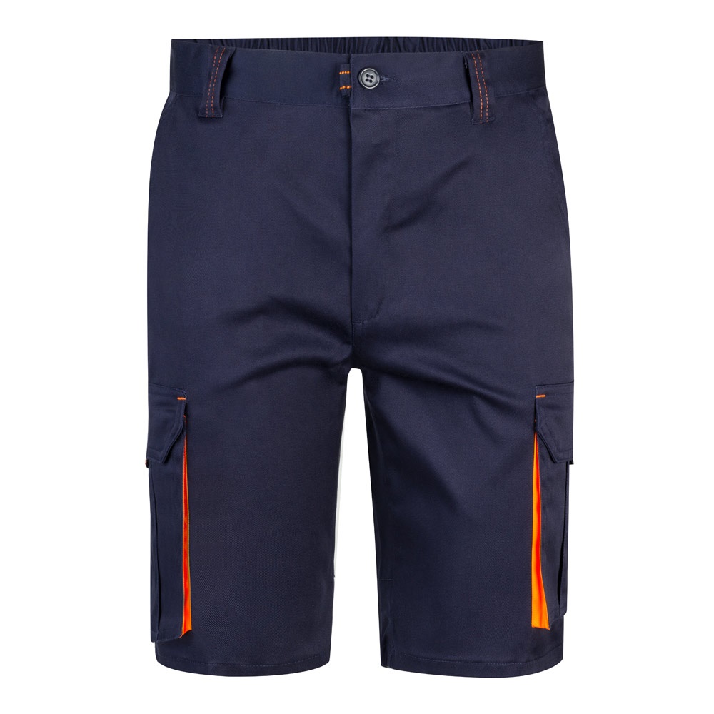 VL HEMERA. Tweekleurige stretch bermuda met meerdere zakken (240g/m²), van katoen (46%), EME (38%) en - Marineblauw, Oranje