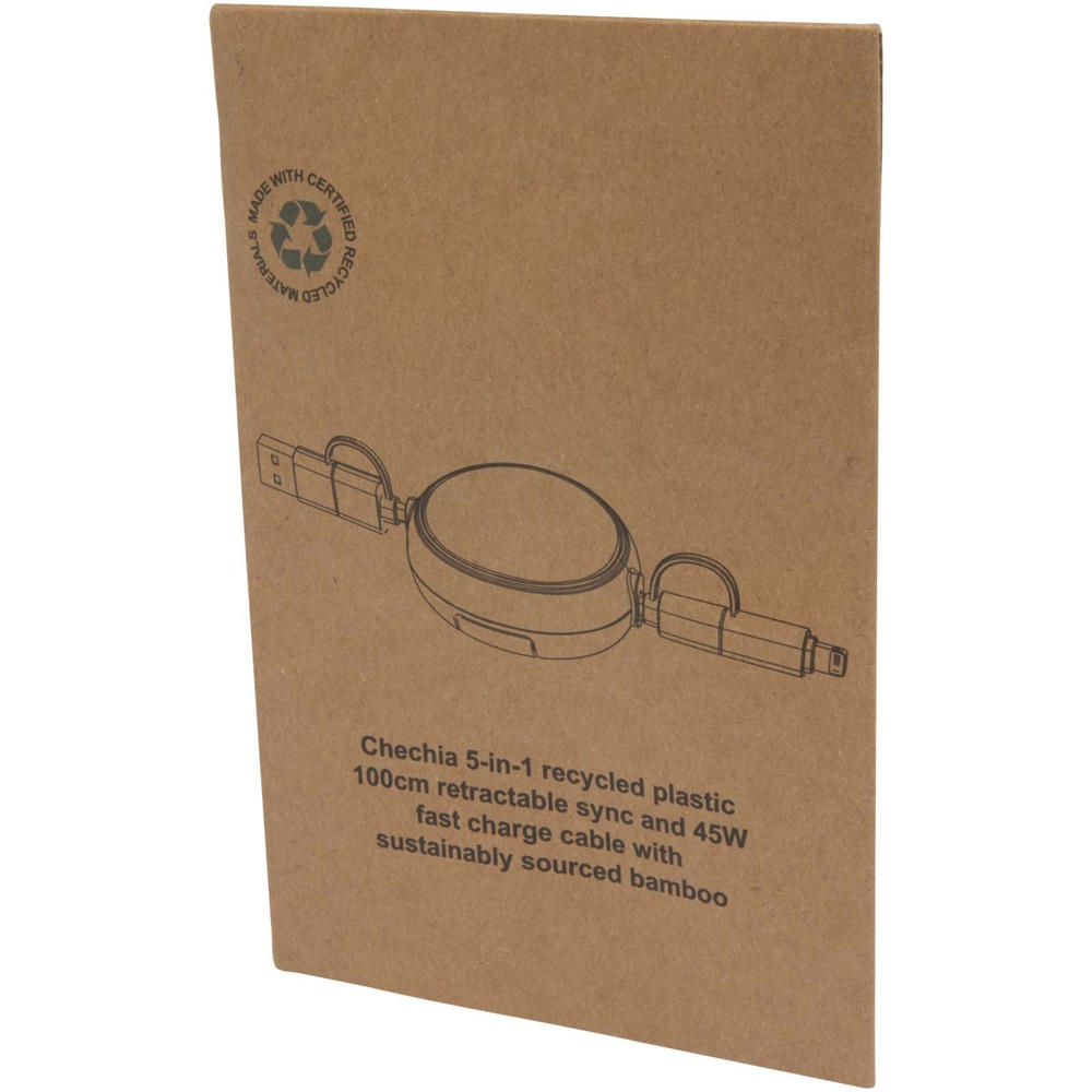 Chechia 5-in-1 100 cm intrekbare datasynchronisatie- en 45 W snellaadkabel van gerecycled plastic met bamboe details