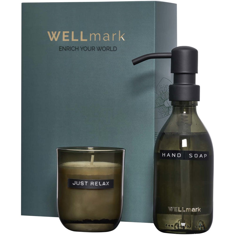 Wellmark Discovery set van 250 ml handzeepdispenser en 150 g geurkaars - bedrukt of onbedrukt verkrijgbaar - zwart