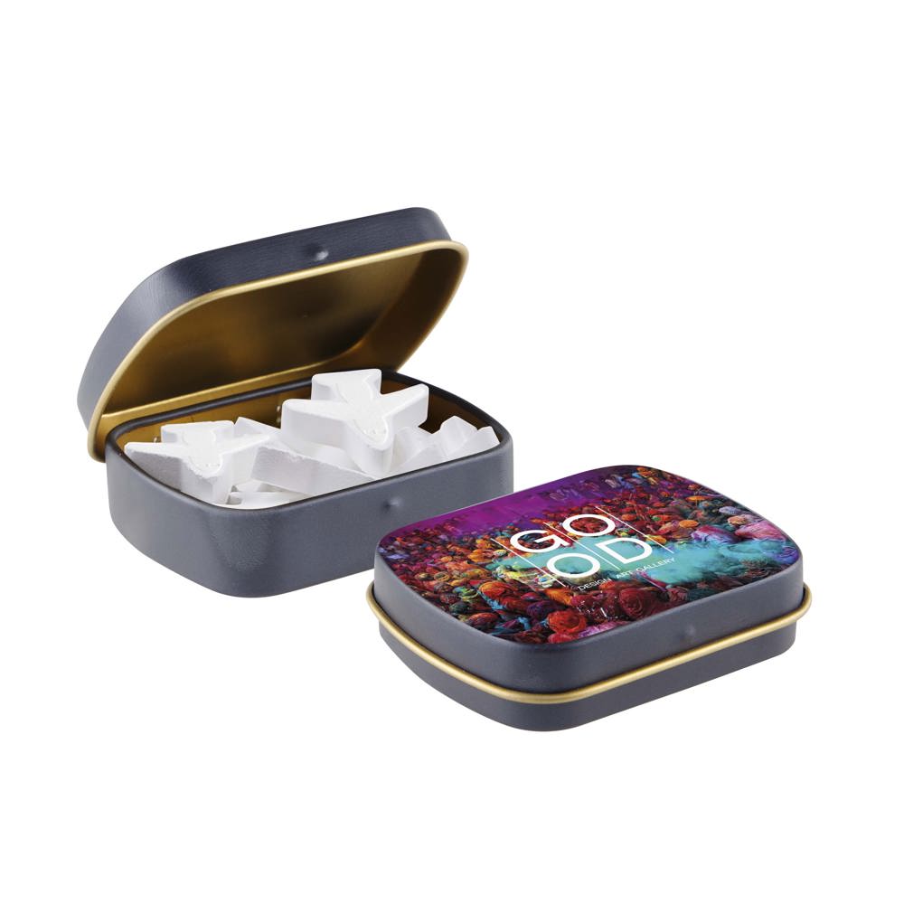 Mini scharnierblikje met vorm pepermunt - voor bedrijven en relatiegeschenken - Mat Donkerblauw/Goud