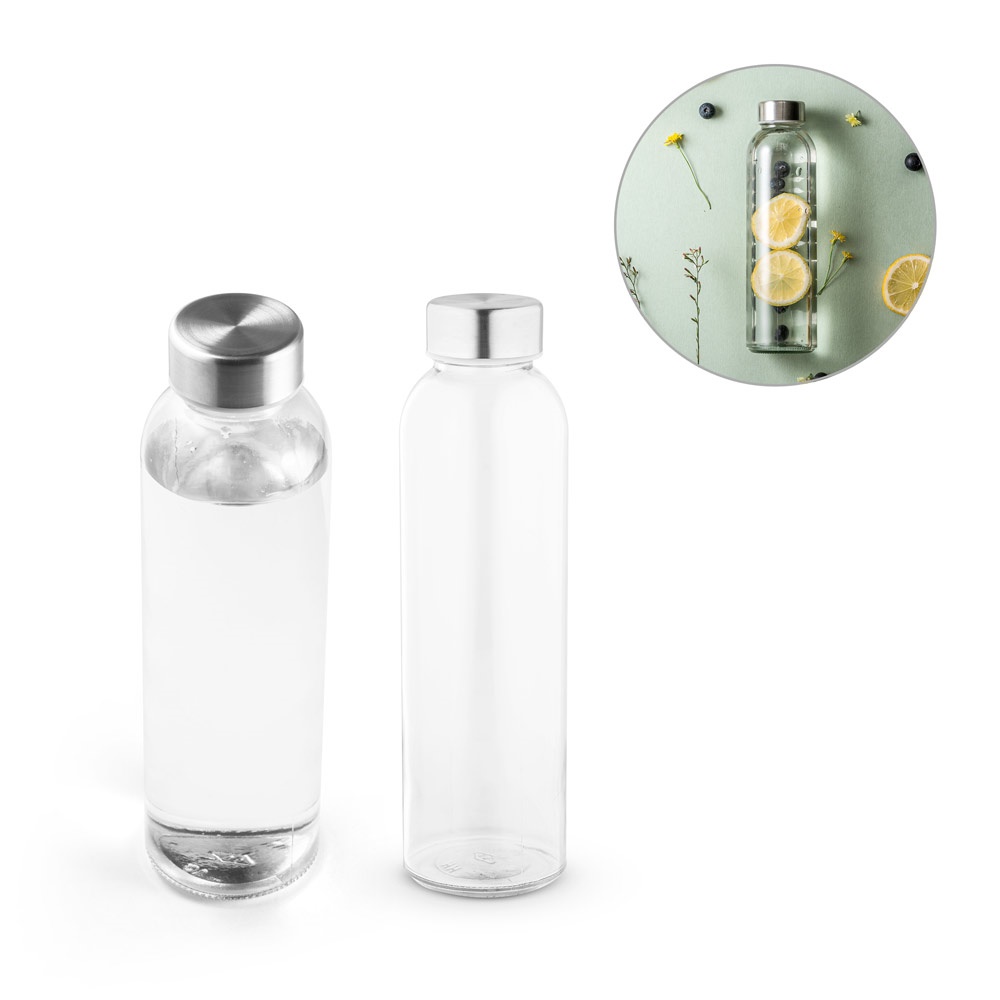 SOLER. Glazen fles sublimatie met roestvrijstalen dop 500 mL - met logo of onbedrukt bestellen