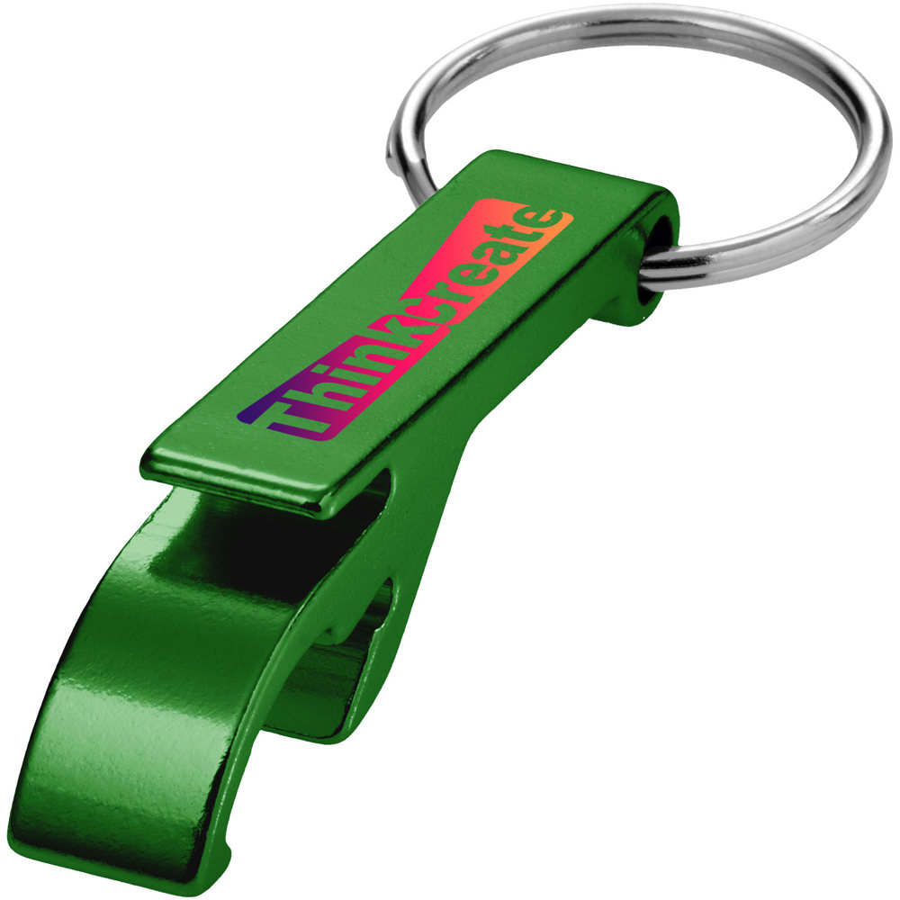 Tao fles- en blikopener van RCS gerecycled aluminium met sleutelhanger