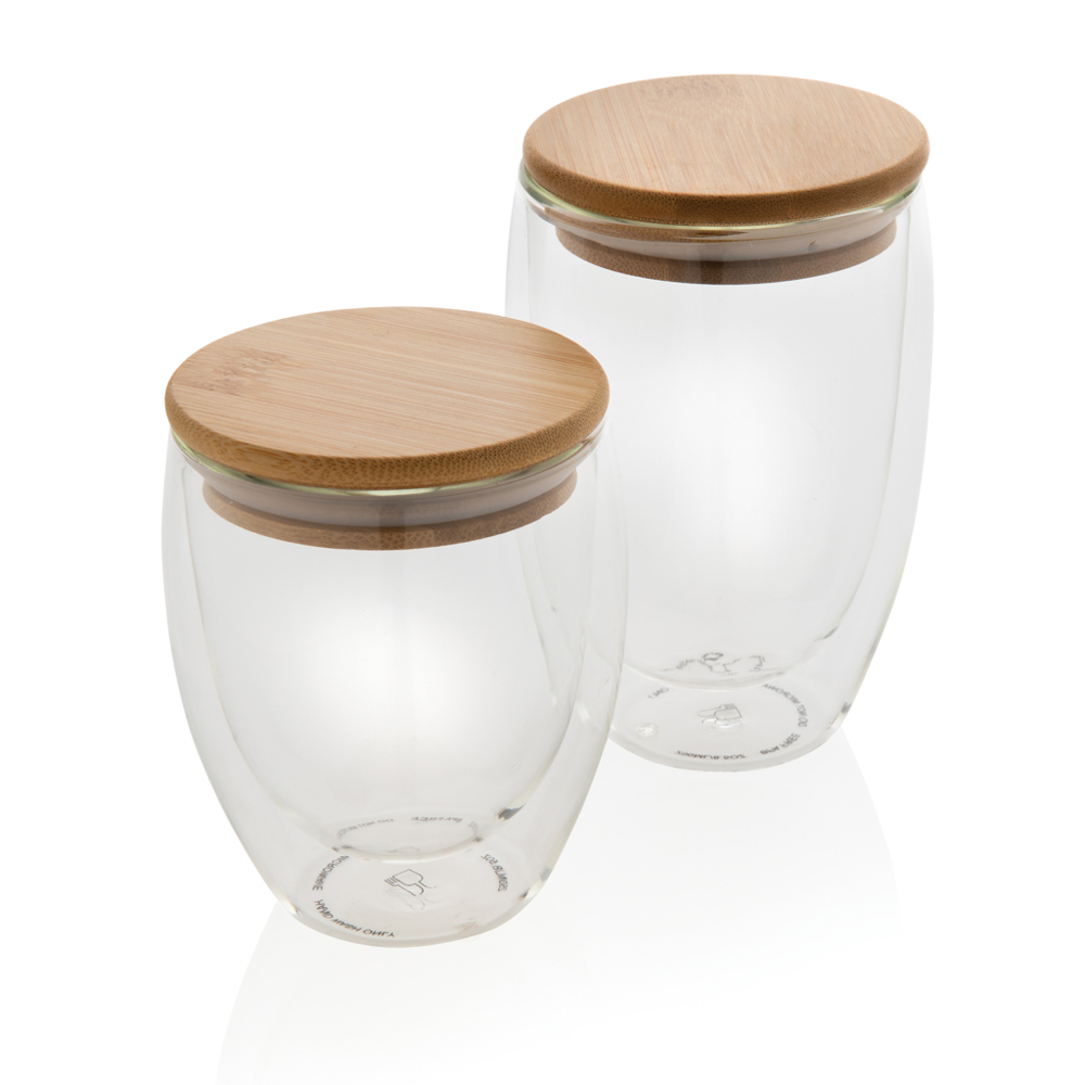 Dubbelwandig borosilicaatglas met bamboe deksel 350ml set - met logo of onbedrukt bestellen
