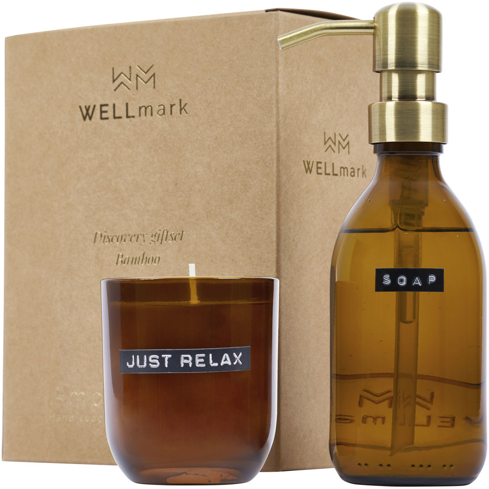 Wellmark Discovery 200 ml handzeepdispenser en 150 g geurkaarsenset - bamboegeur - met logo of onbedrukt