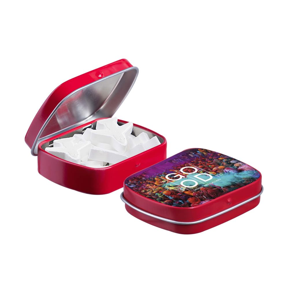 Mini scharnierblikje met vorm pepermunt - voor bedrijven en relatiegeschenken - Rood