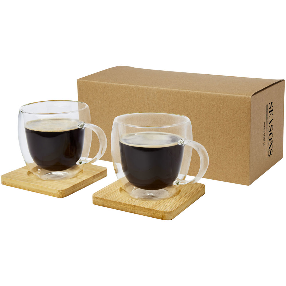 Manti 250 ml 2-delige dubbelwandige glazen kop met bamboe onderzetter - met logo of onbedrukt bestellen