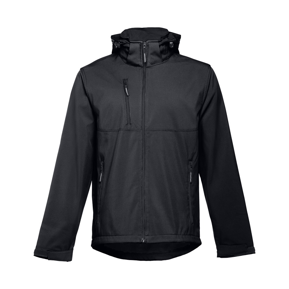 THC ZAGREB. Softshell herenjack van polyester en elastaan - bedrukt of onbedrukt verkrijgbaar - Zwart
